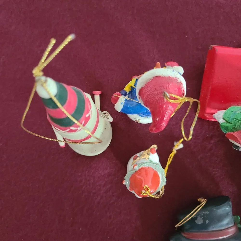Vintage Winter Snowman Christmas Ornaments and Stocking Hanger Bundle of 8